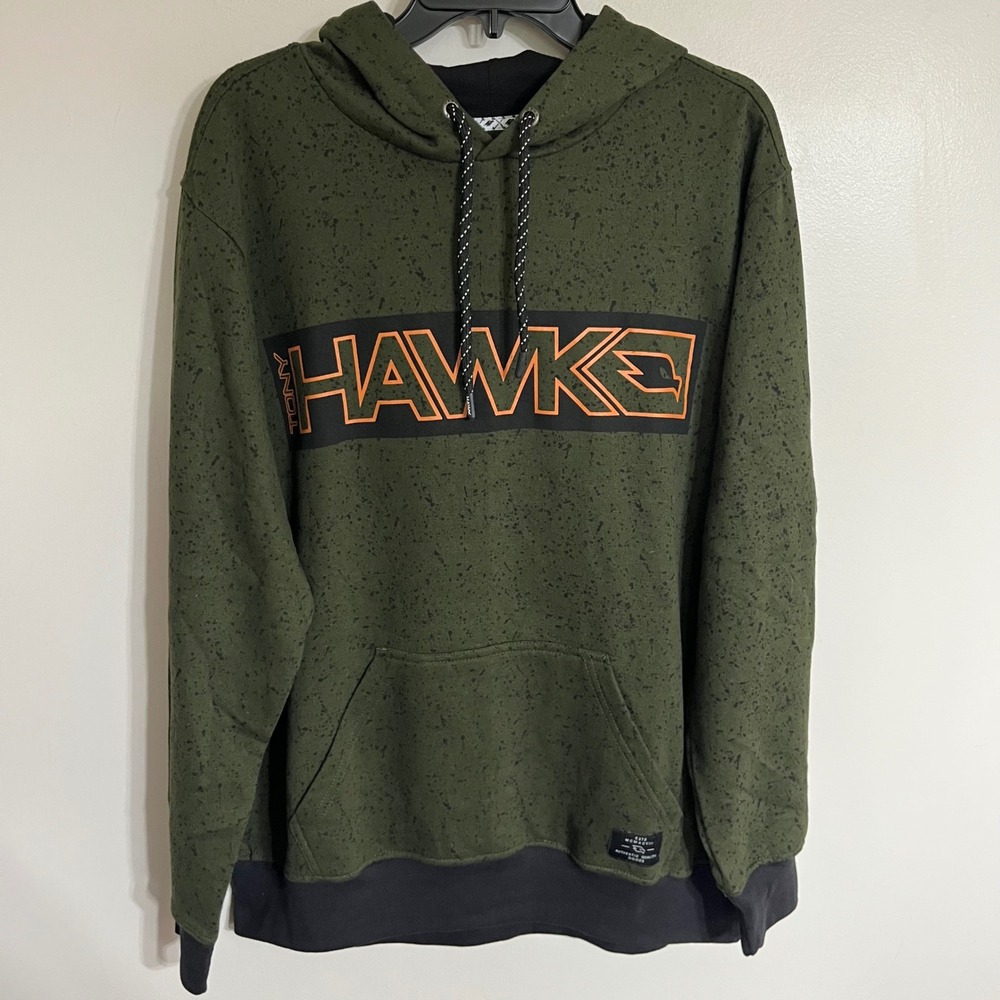 Tony Hawk Mens Hoodie Large Olive Green Speckle Print Skate Pullover‎ Sweatshirt
